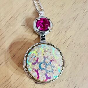 PENDANT ~ Iridescent Pink Hues Pendant w/Intricate Circles and Glitter Accents